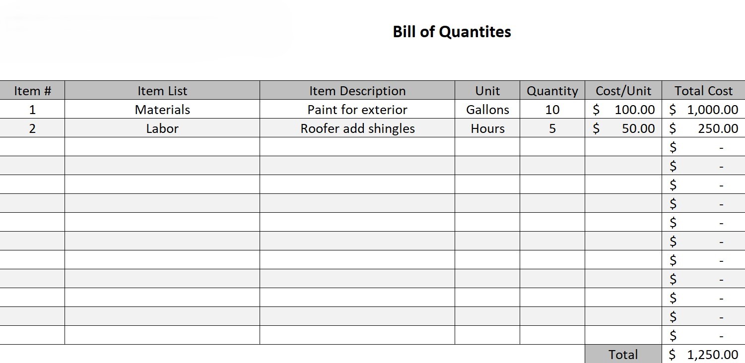 Bill of Quantities (BOQ) Template